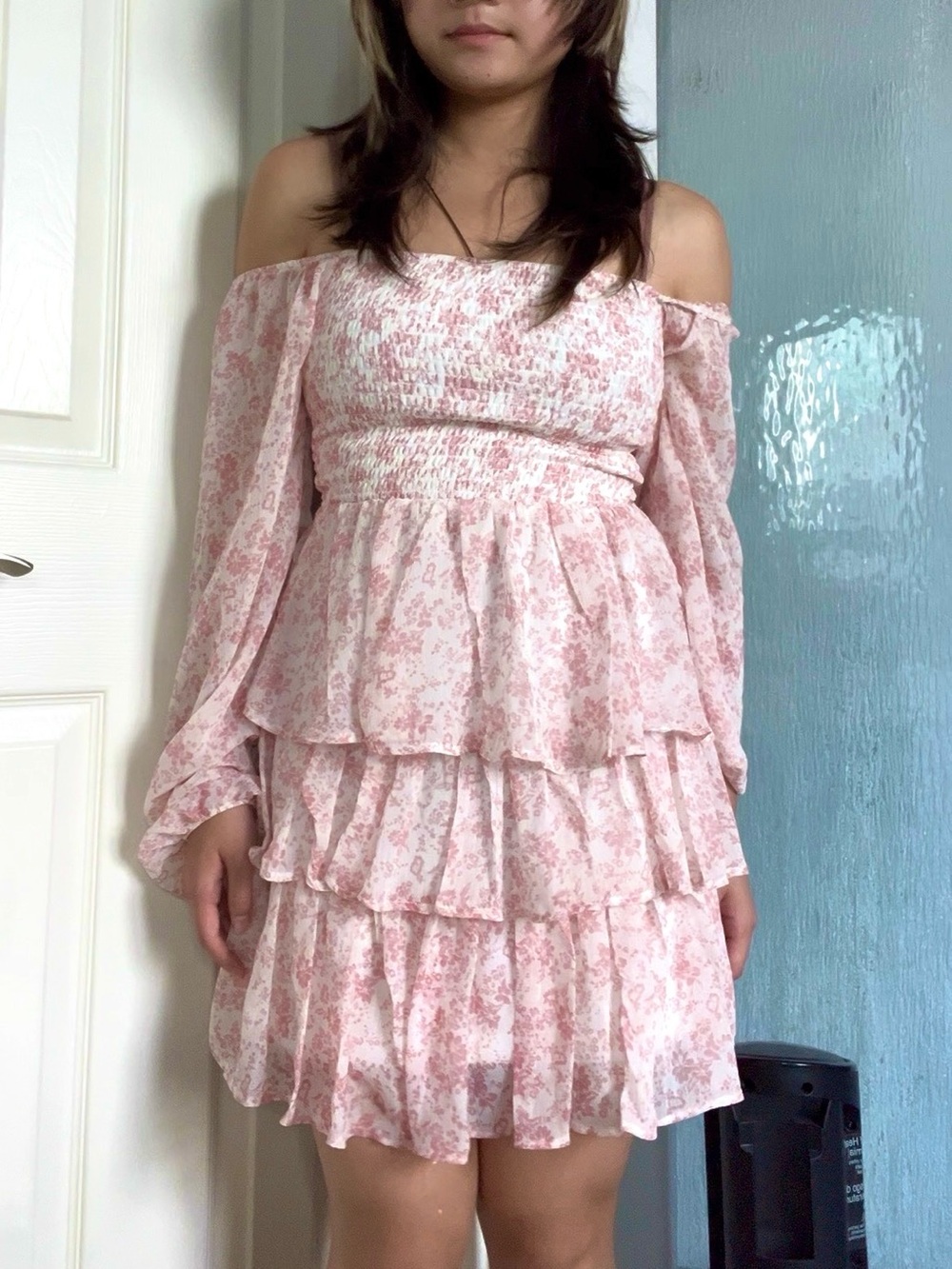 Smocked One-Shoulder Pink Floral Tiered Dress